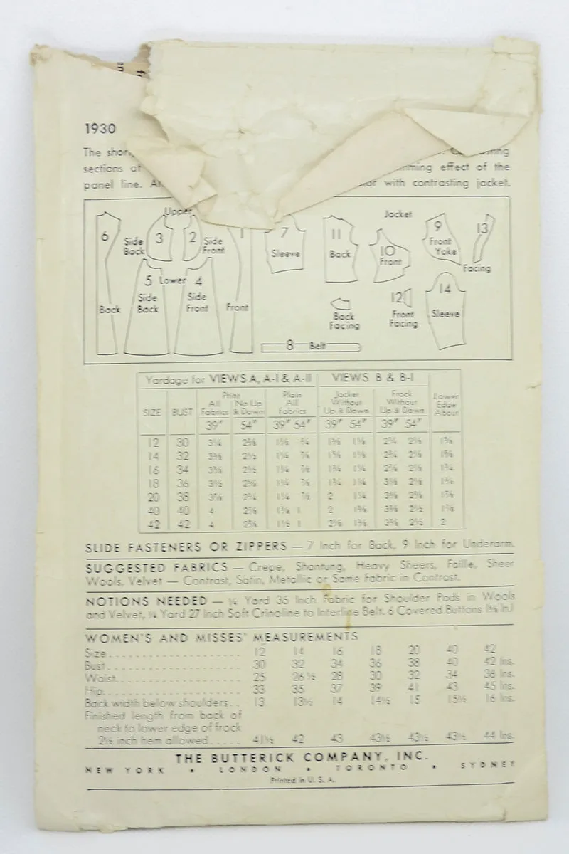 1943 Butterick 1930 WWII Dress and Jacket Vintage Sewing Pattern