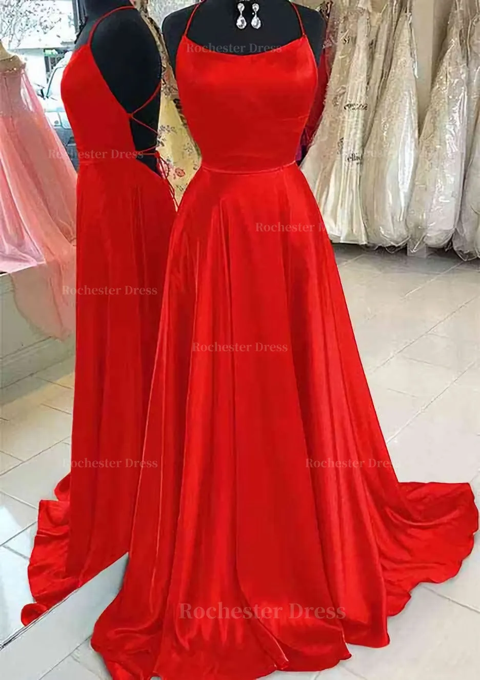 A-line Bateau Spaghetti Straps Sweep Train Charmeuse Prom Dress