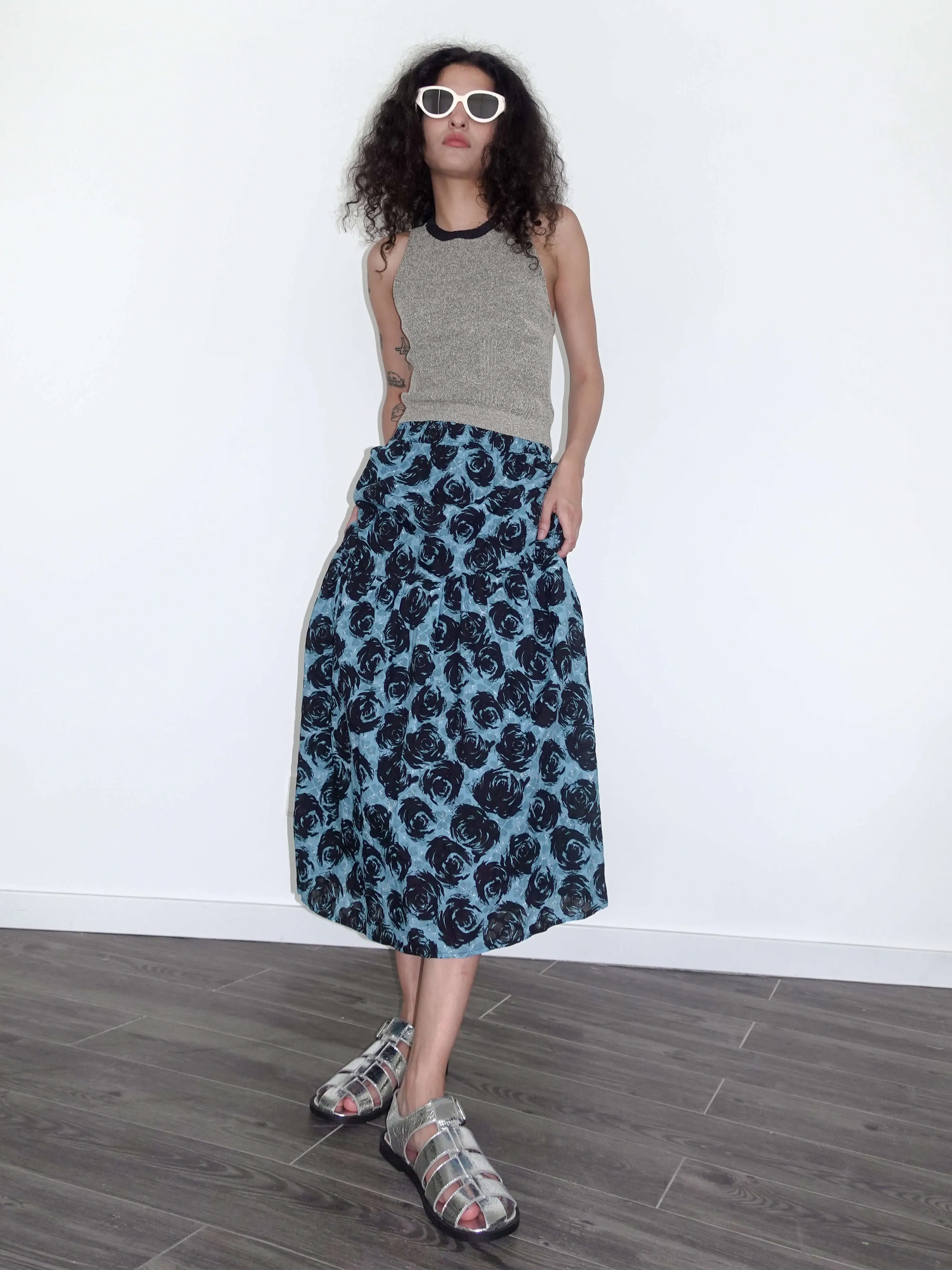 A-line Rose Print Cotton Skirt