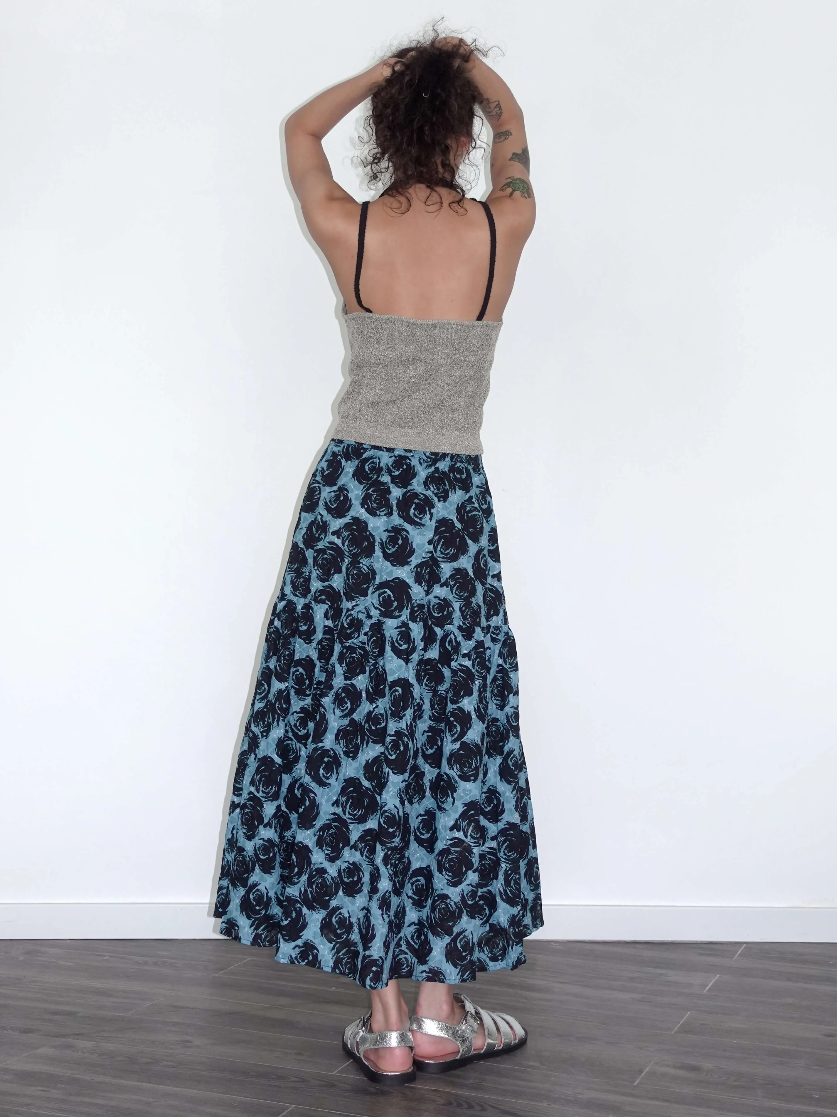 A-line Rose Print Cotton Skirt