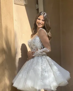 A Line Unique Short Wedding Dress with Lace Appliques     fg6599