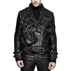 Adjustable Buckle Rivets Gothic Leather Biker Jacket For Men