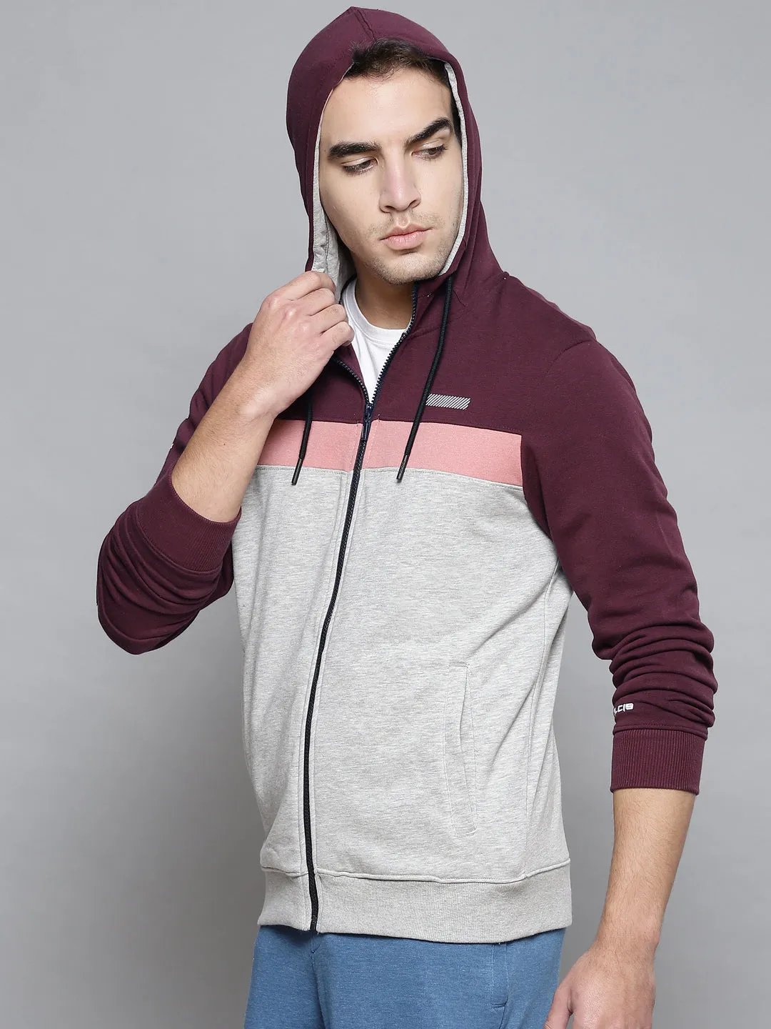 Alcis Men Grey Melange Burgundy Solid Cotton Regular Outdoor Sporty Jacket