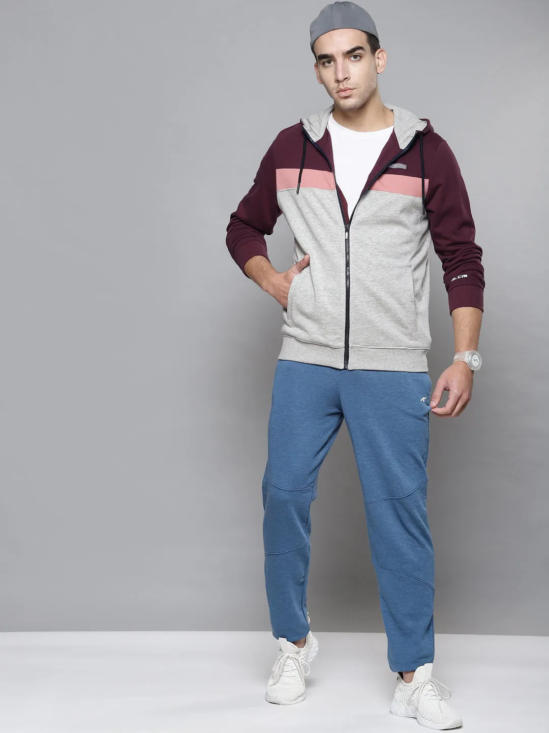 Alcis Men Grey Melange Burgundy Solid Cotton Regular Outdoor Sporty Jacket