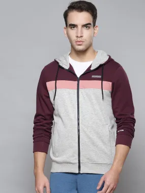 Alcis Men Grey Melange Burgundy Solid Cotton Regular Outdoor Sporty Jacket