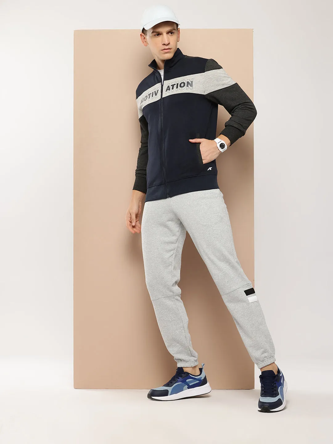 Alcis Men Navy Blue Grey Colourblocked Typography Cotton Sporty Jacket