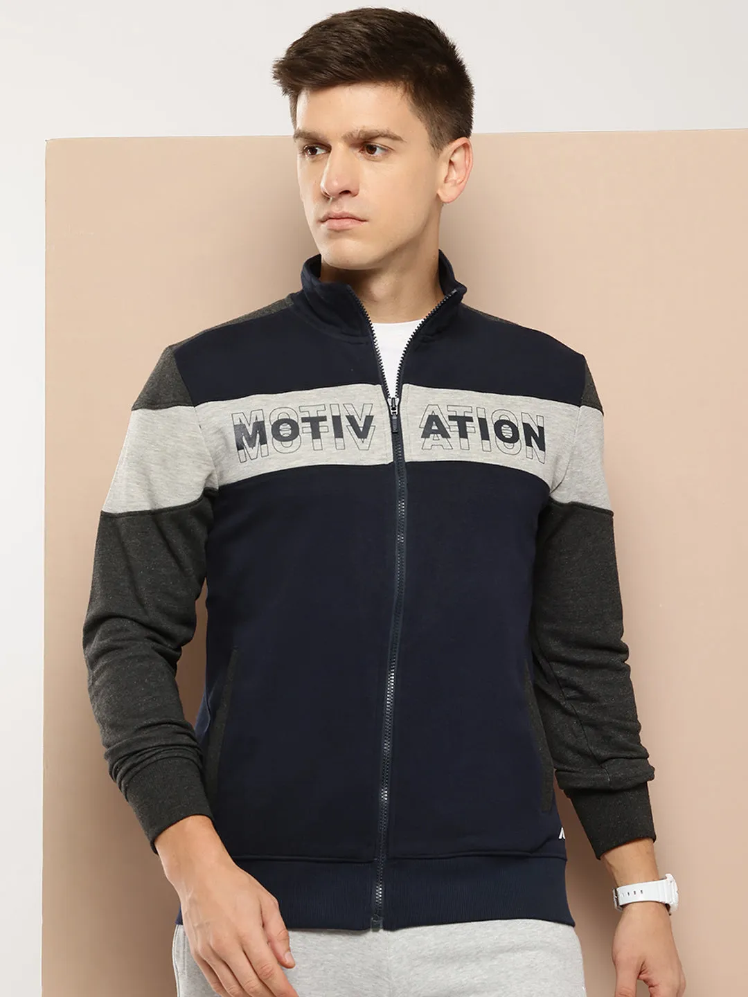 Alcis Men Navy Blue Grey Colourblocked Typography Cotton Sporty Jacket