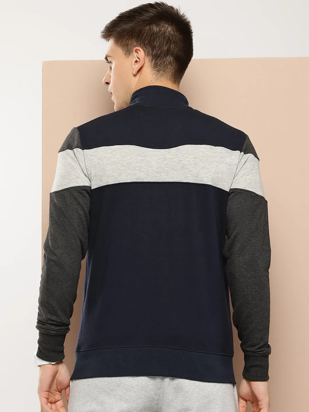 Alcis Men Navy Blue Grey Colourblocked Typography Cotton Sporty Jacket