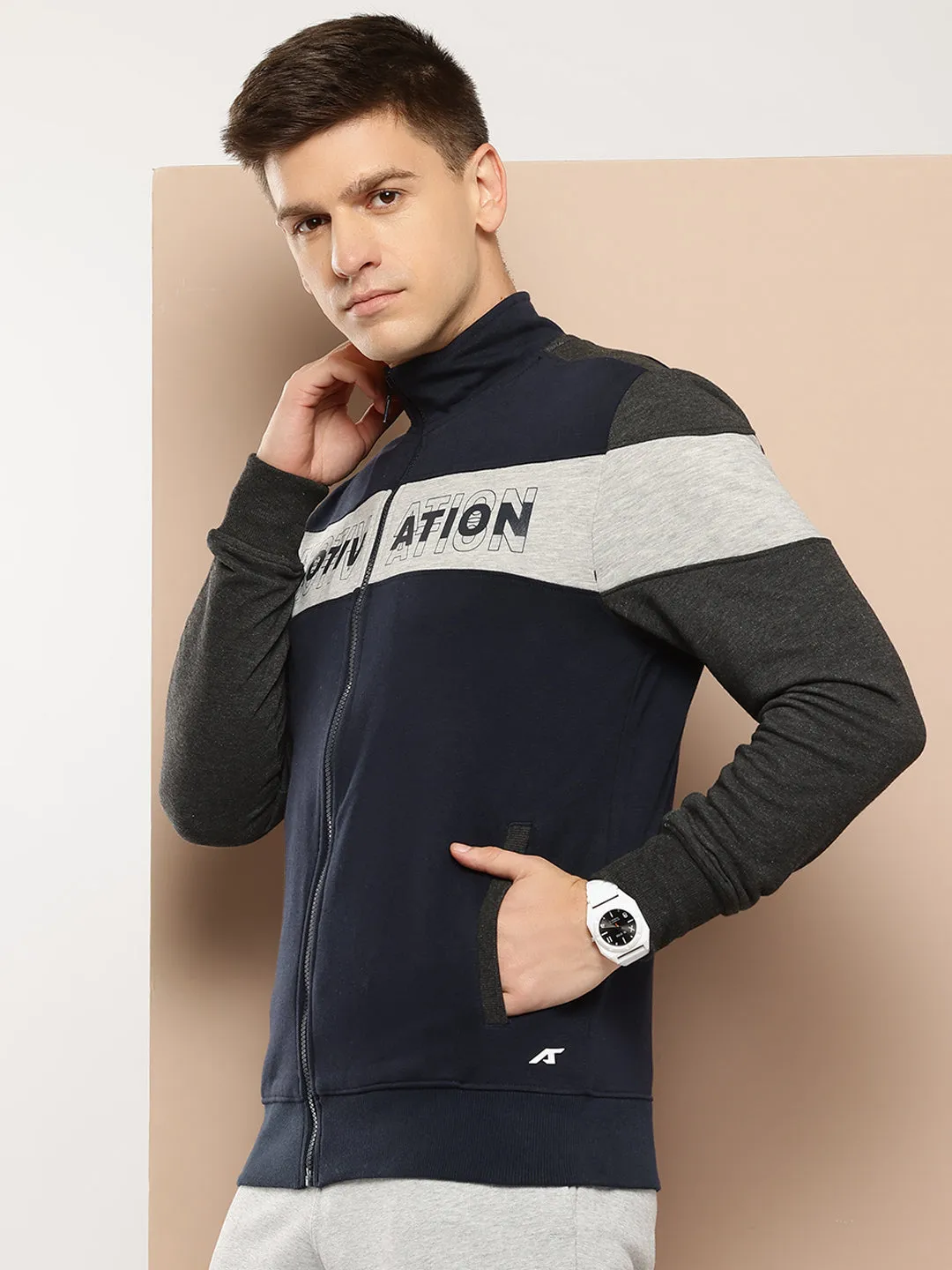 Alcis Men Navy Blue Grey Colourblocked Typography Cotton Sporty Jacket