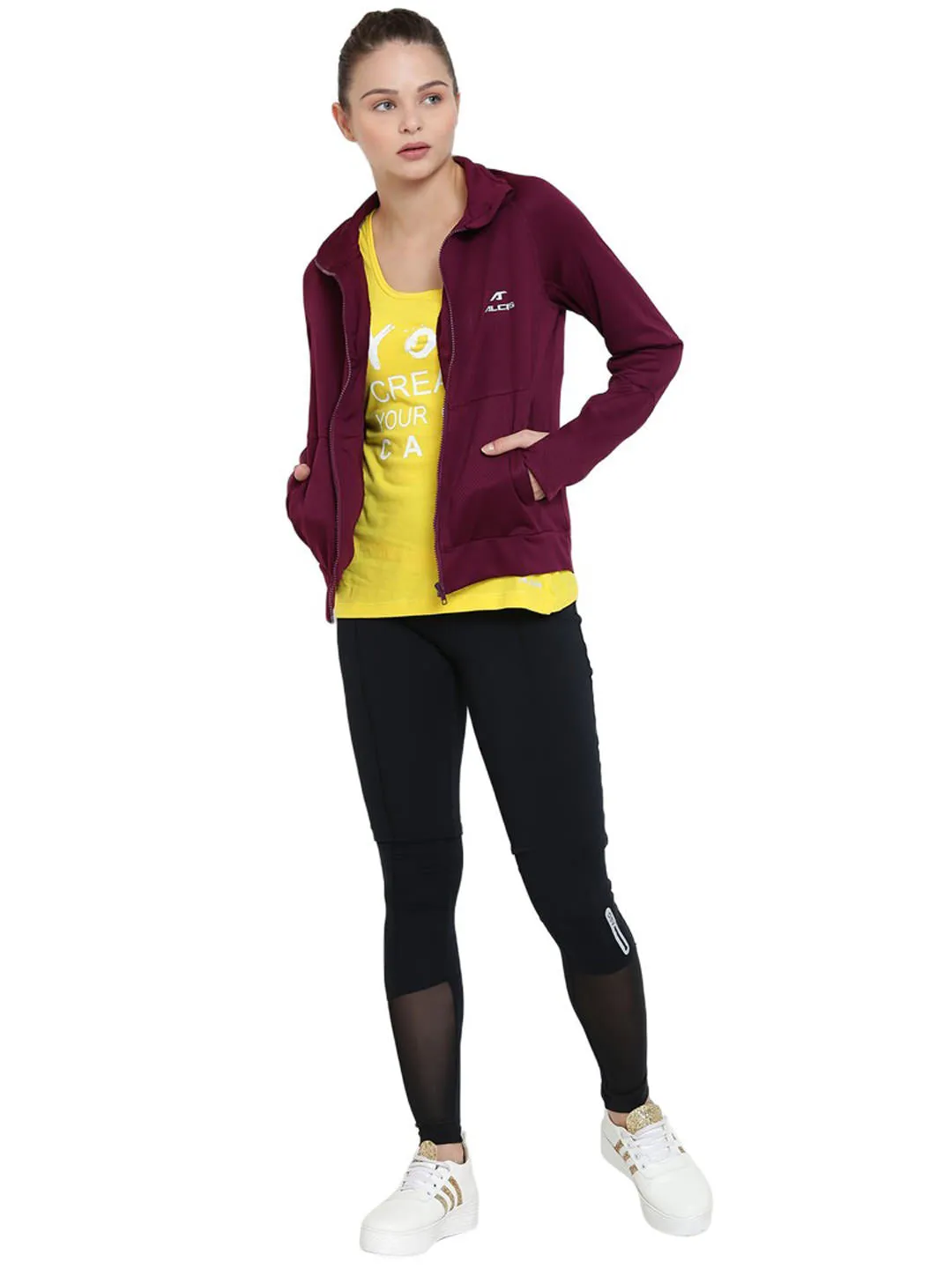 Alcis Women Maroon Solid Sporty Jacket 346WJK331