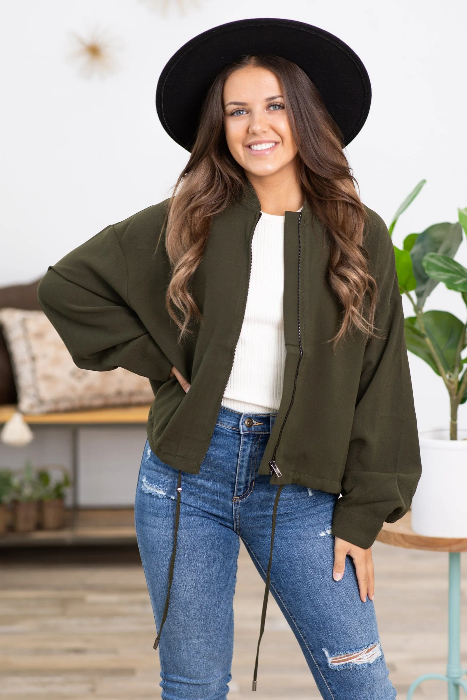 Army Green Adjustable Drawstring Waist Jacket