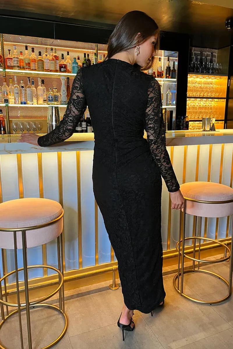 AX PARIS BLACK LACE LONG SLEEVE WRAP MIDI DRESS