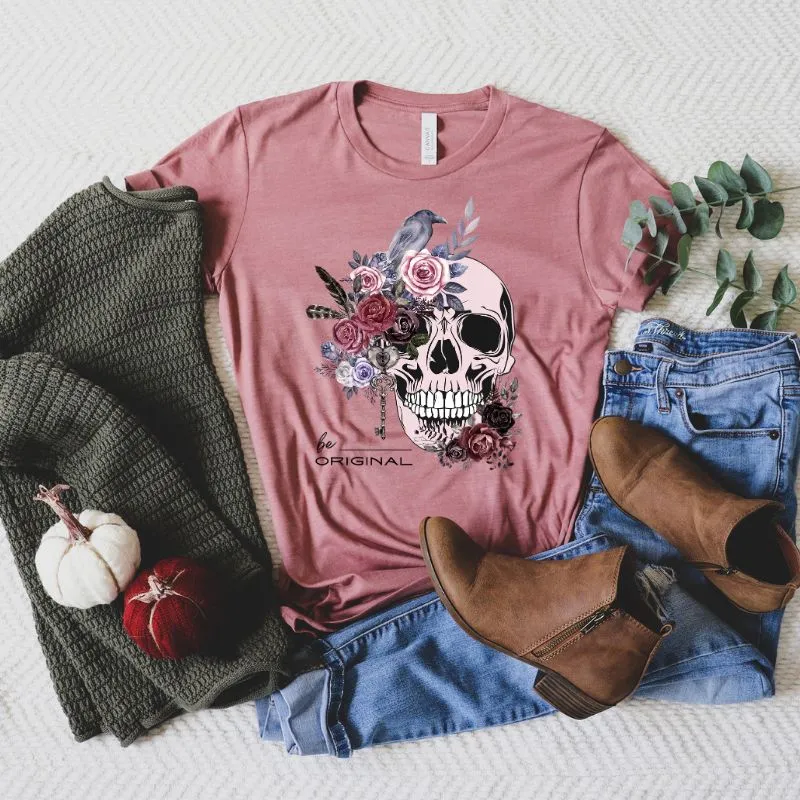 Be Original Floral Skull Graphic Tee