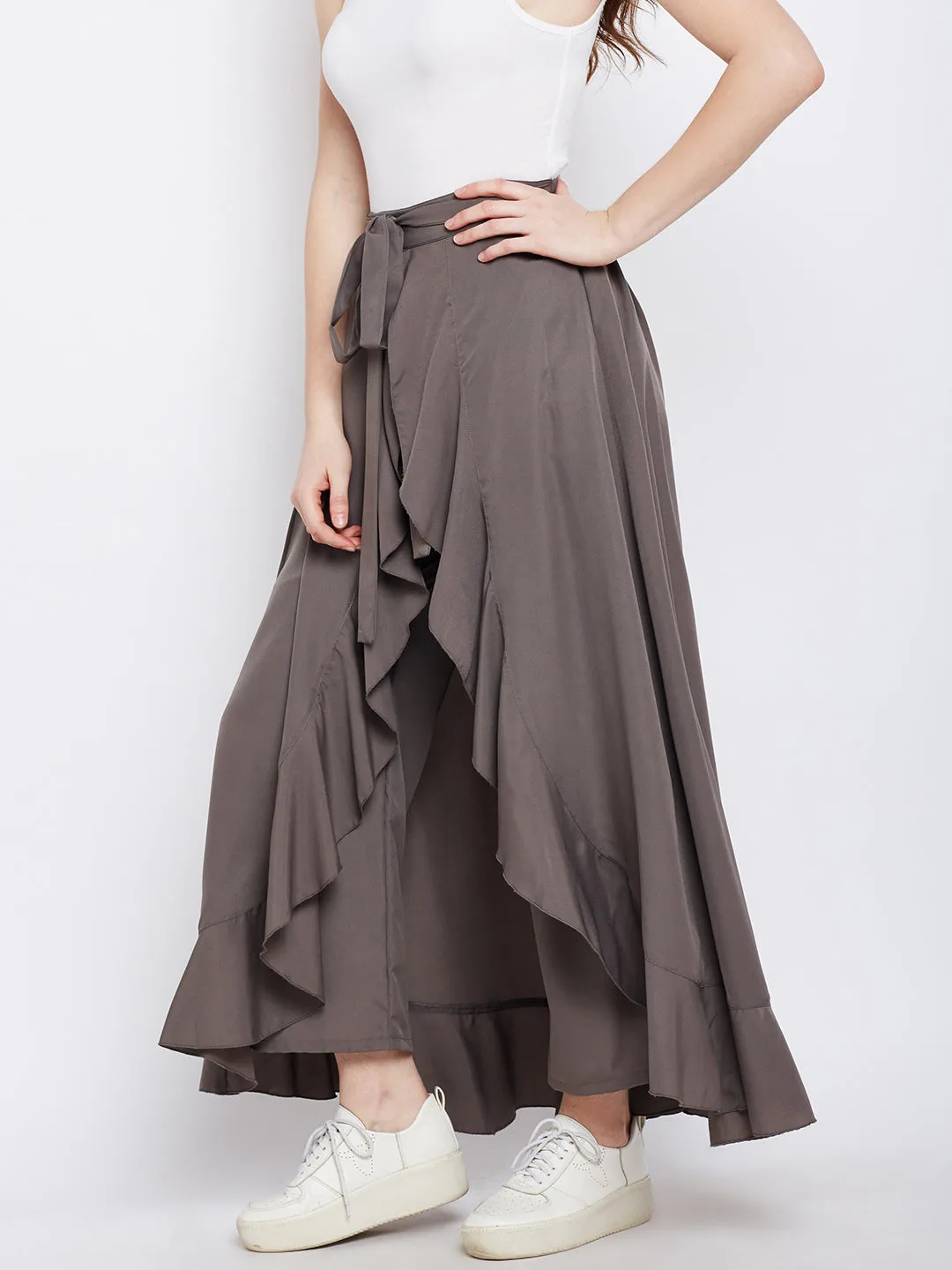 Berrylush Women Solid Grey Waist Tie-Up Ruffled Maxi Skirt with Attached Trousers