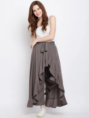 Berrylush Women Solid Grey Waist Tie-Up Ruffled Maxi Skirt with Attached Trousers