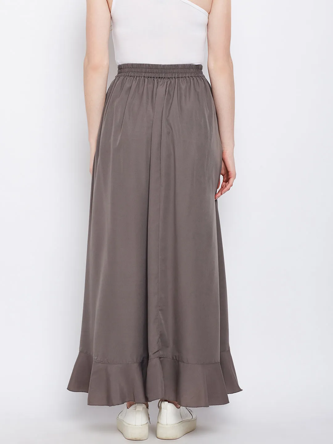 Berrylush Women Solid Grey Waist Tie-Up Ruffled Maxi Skirt with Attached Trousers