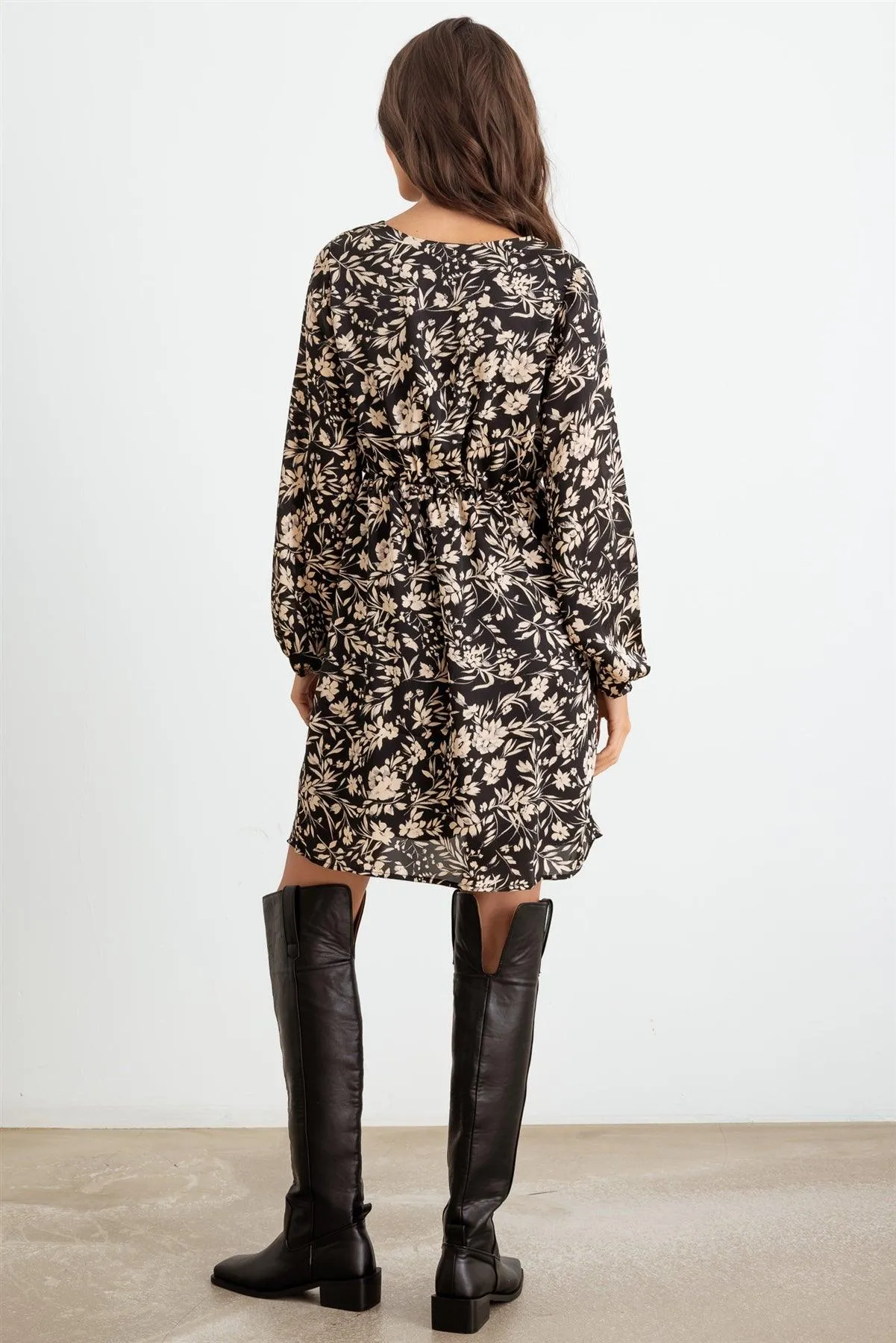 Black & Taupe Flower Satin Long Sleeve Mini Dress