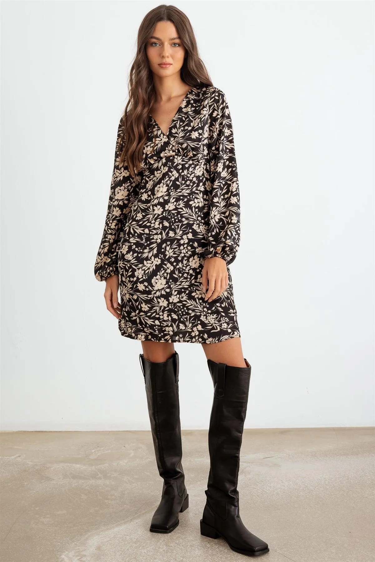 Black & Taupe Flower Satin Long Sleeve Mini Dress