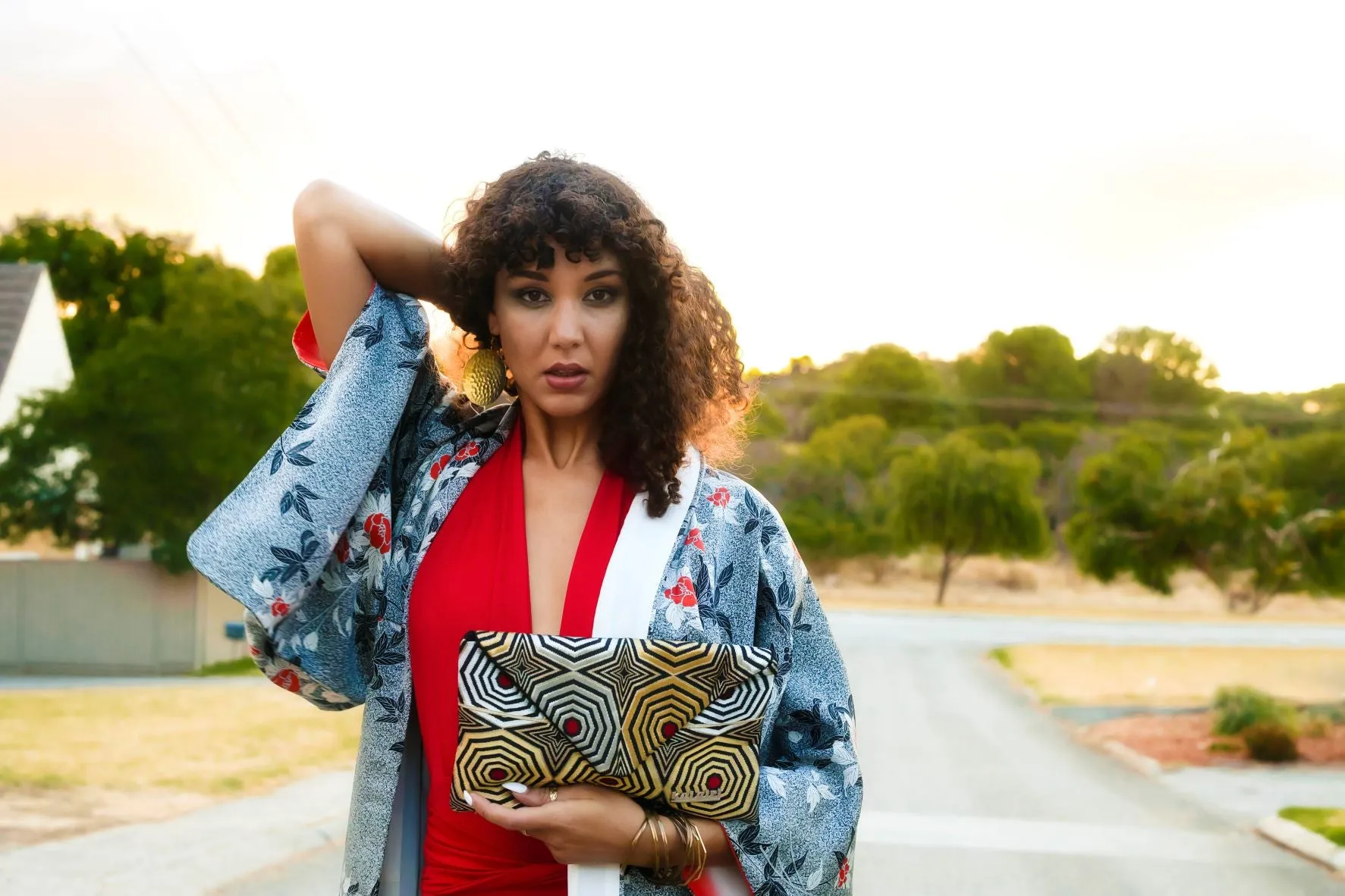 Black and White Vintage Silk Kimono with Red Magnolia