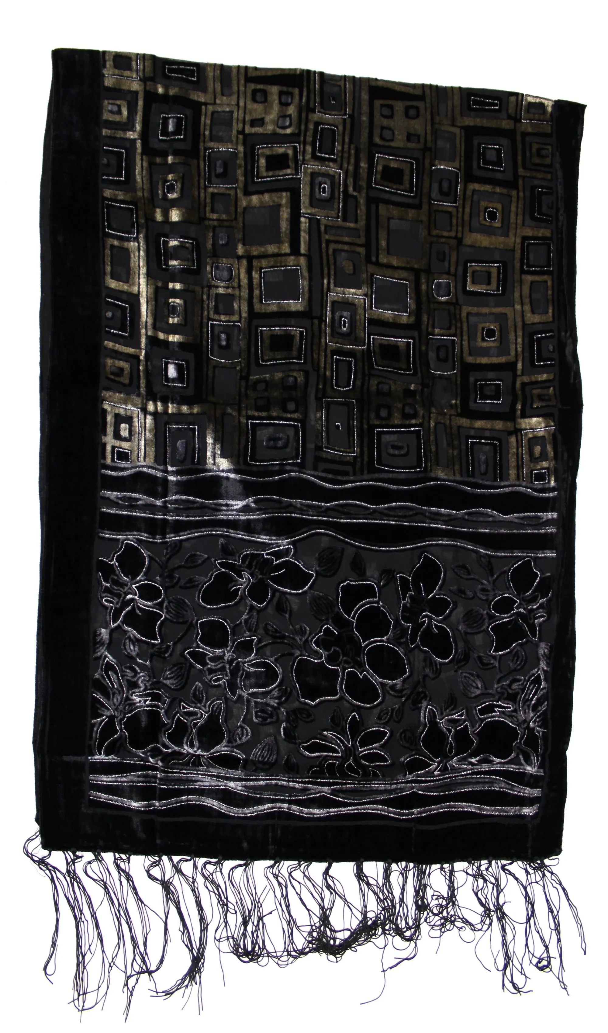 Black   Brown with Leaf   Rectangular Patterned Devore Velvet Scarf (156 x 54cm)