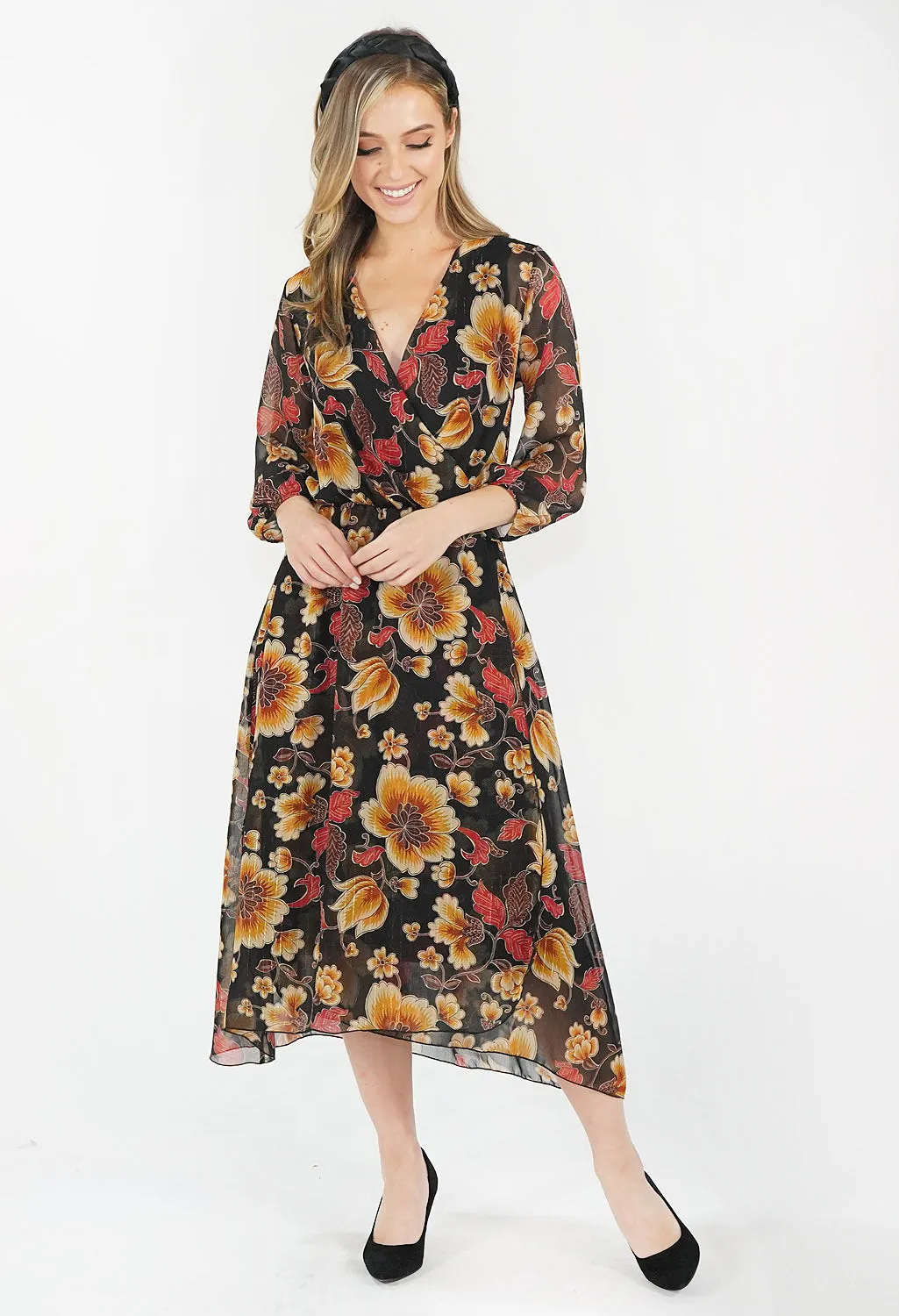 Black Floral Wrap Dress