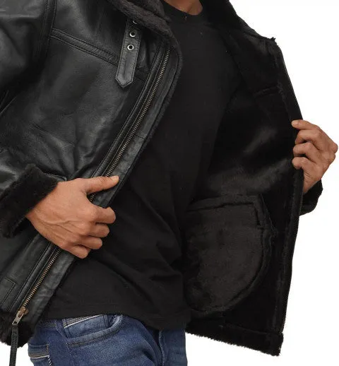 Black Leather B3 Bomber Jacket Mens