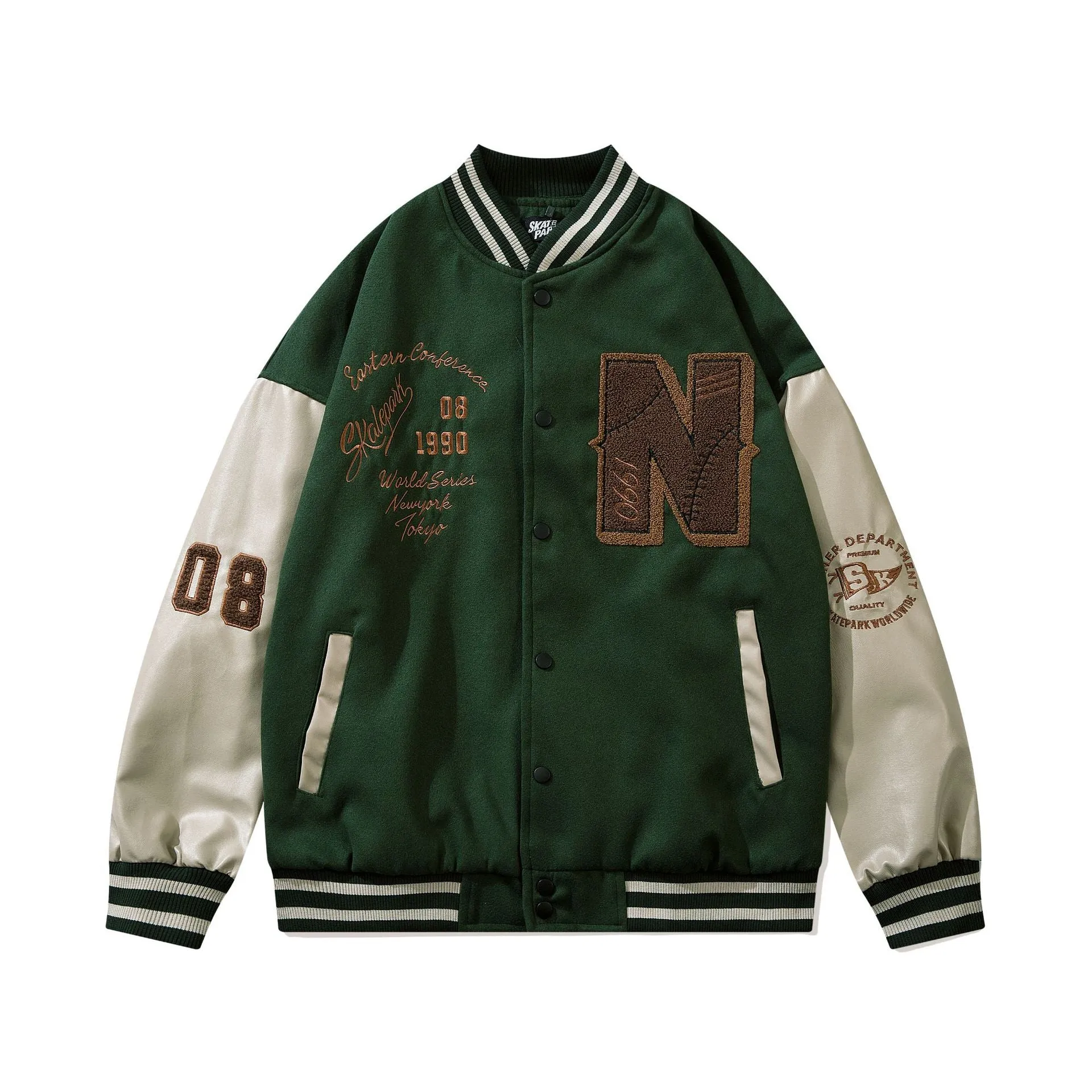 Bone Varsity Jacket Retro Patchwork Loose Baseball Uniform Jacket Spring and Autumn