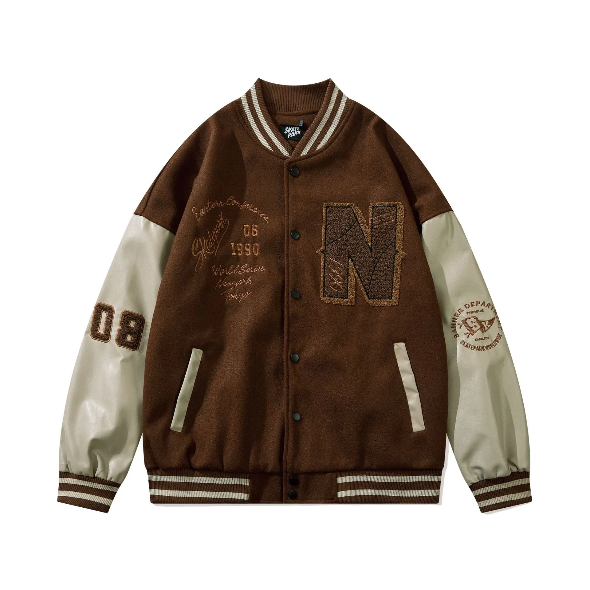 Bone Varsity Jacket Retro Patchwork Loose Baseball Uniform Jacket Spring and Autumn