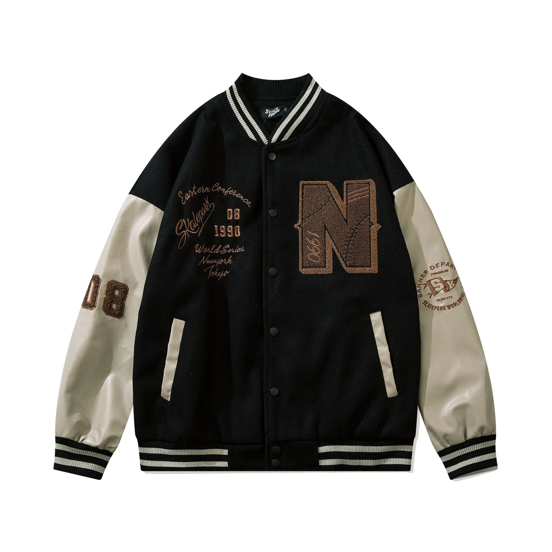 Bone Varsity Jacket Retro Patchwork Loose Baseball Uniform Jacket Spring and Autumn