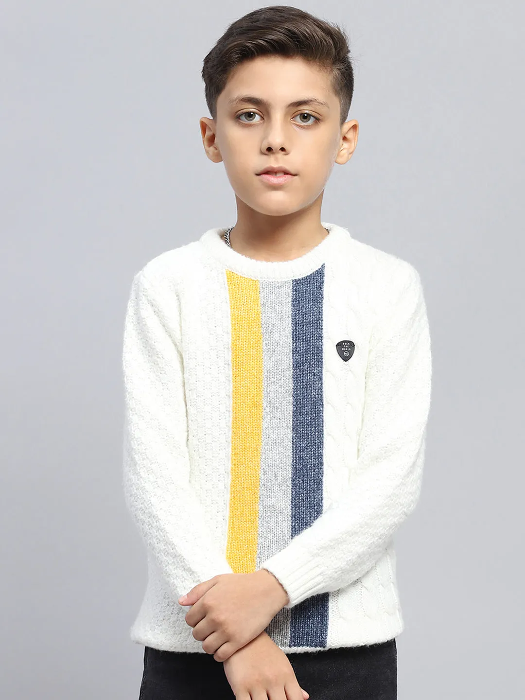 Boys Off White Self Design Round Neck Full Sleeve Pullover