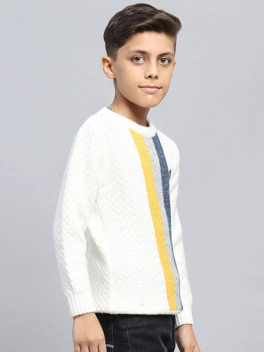 Boys Off White Self Design Round Neck Full Sleeve Pullover