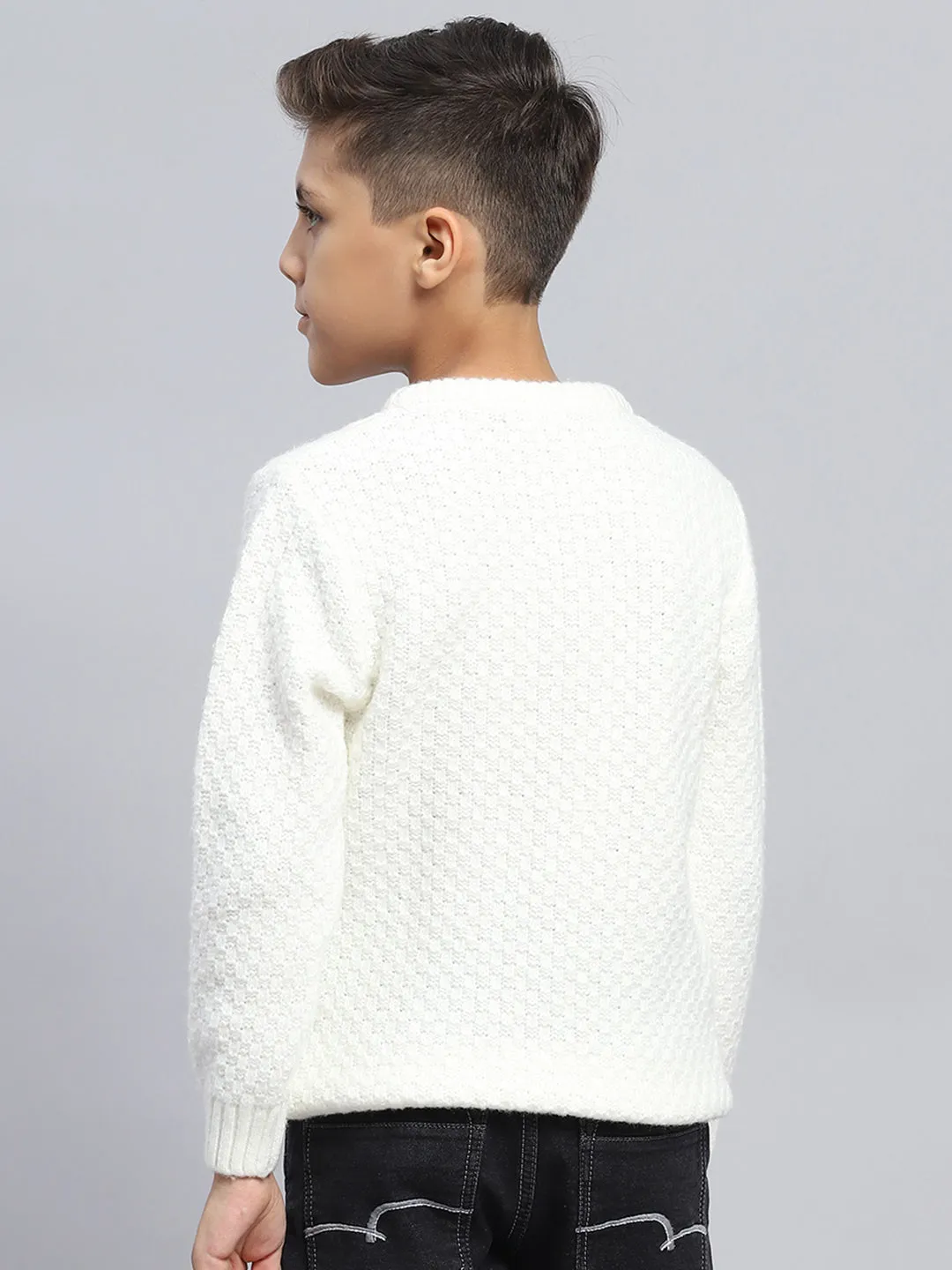 Boys Off White Self Design Round Neck Full Sleeve Pullover