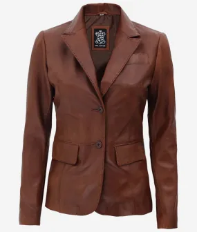 Brown Womens Leather Blazer Jacket  Casual Style