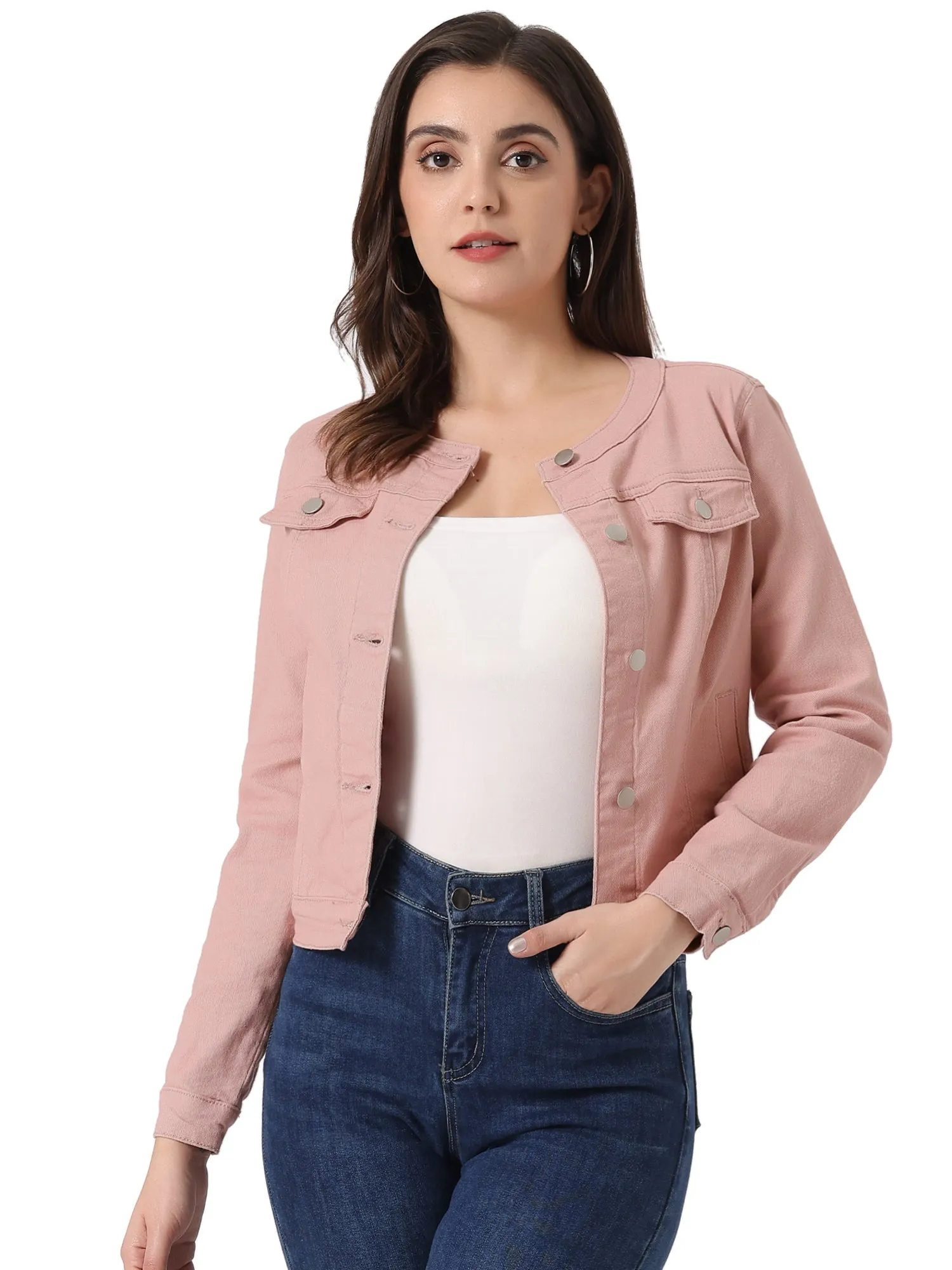 Casual Button Down Collarless Long Sleeve Denim Jacket