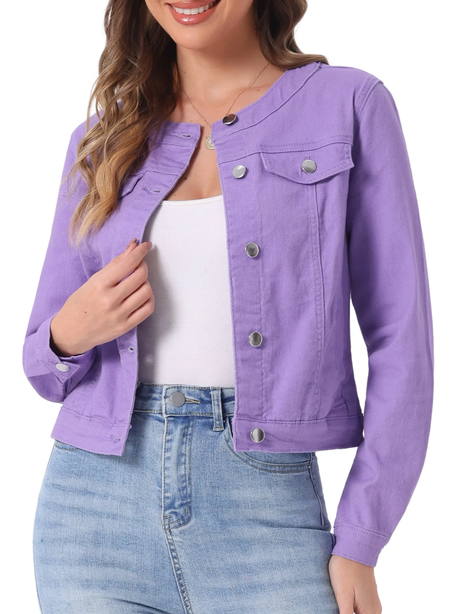 Casual Button Down Collarless Long Sleeve Denim Jacket