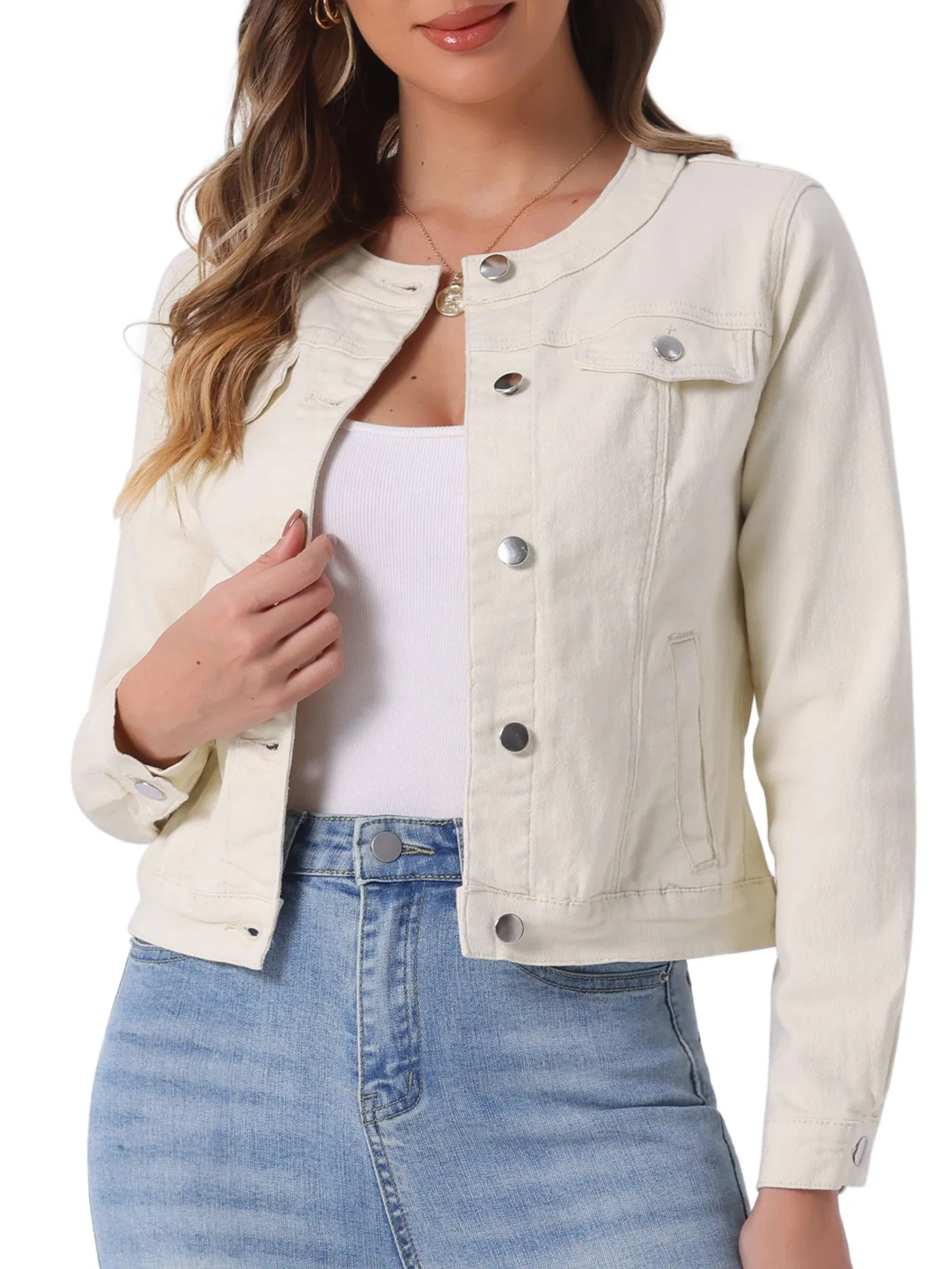 Casual Button Down Collarless Long Sleeve Denim Jacket