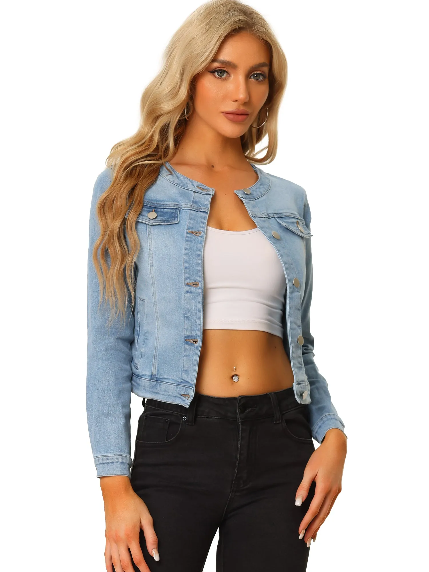 Casual Button Down Collarless Long Sleeve Denim Jacket