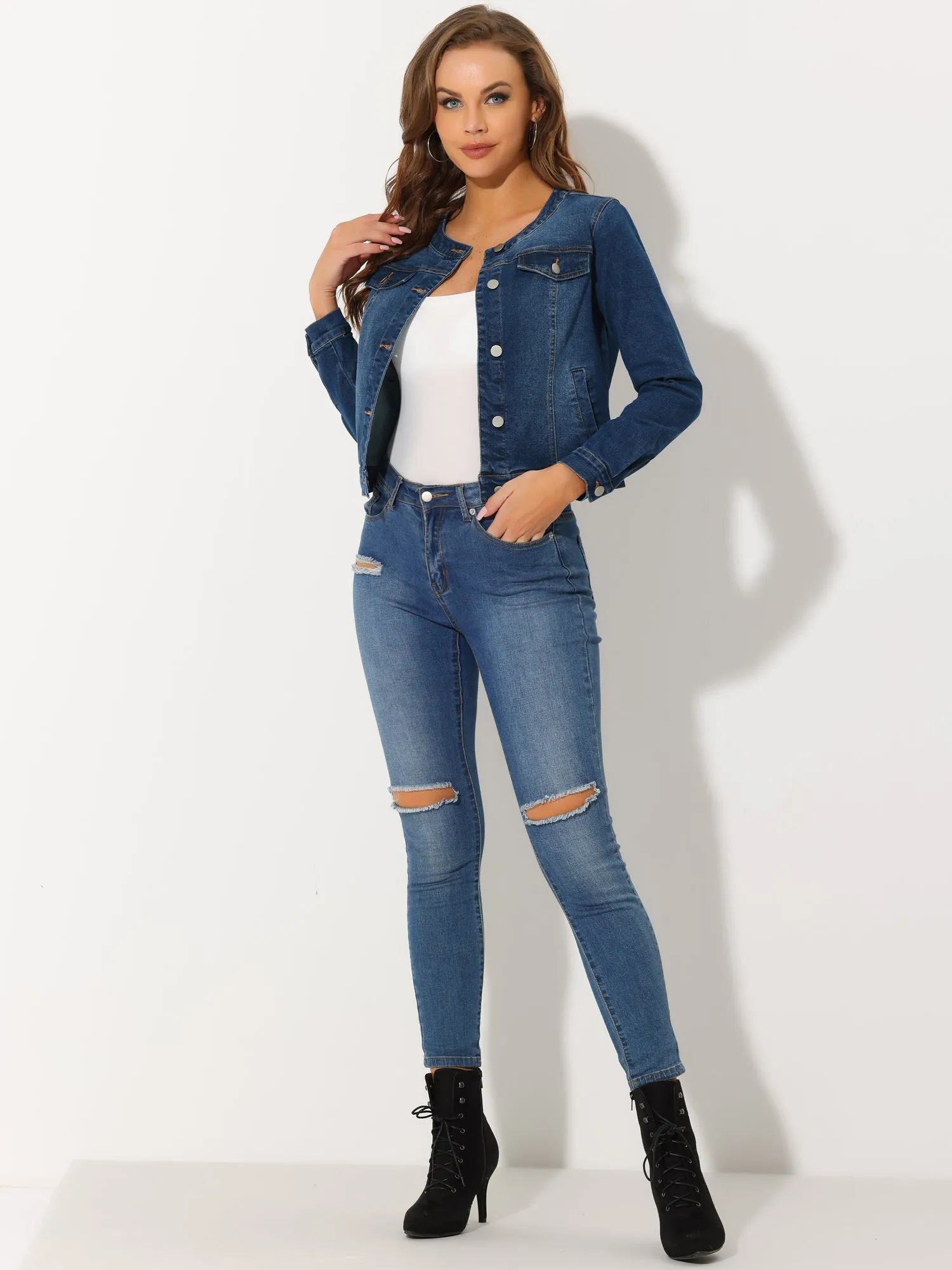 Casual Button Down Collarless Long Sleeve Denim Jacket