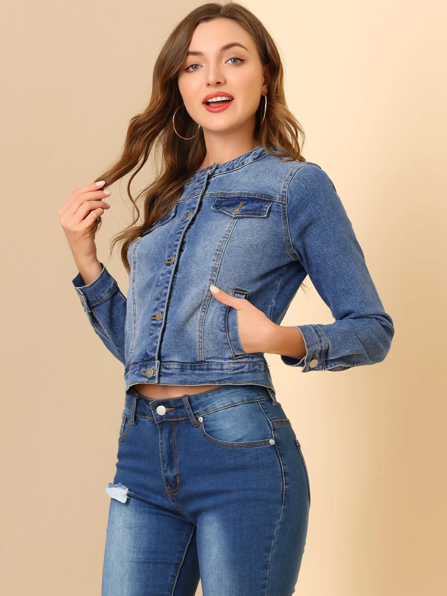 Casual Button Down Collarless Long Sleeve Denim Jacket