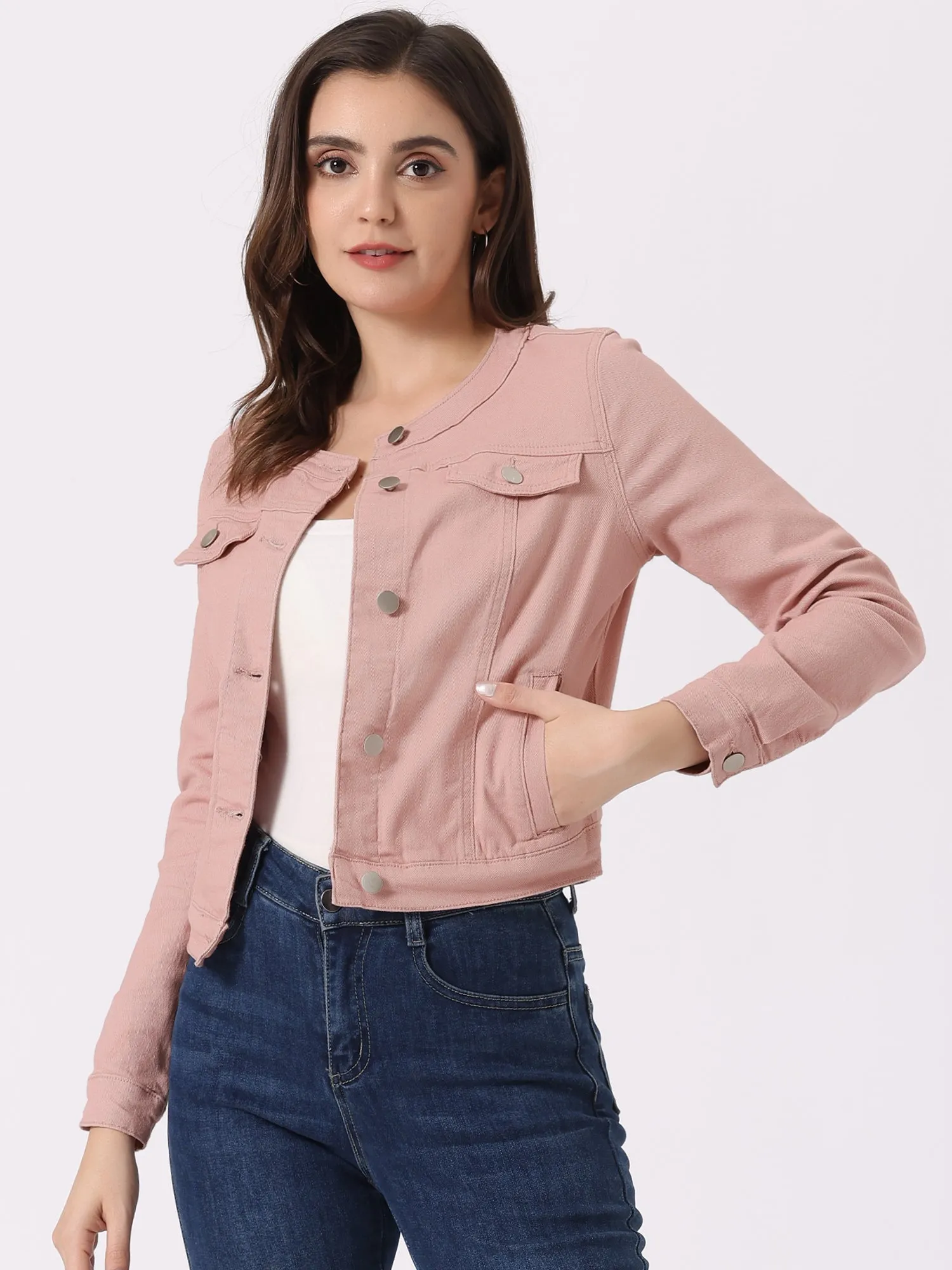 Casual Button Down Collarless Long Sleeve Denim Jacket