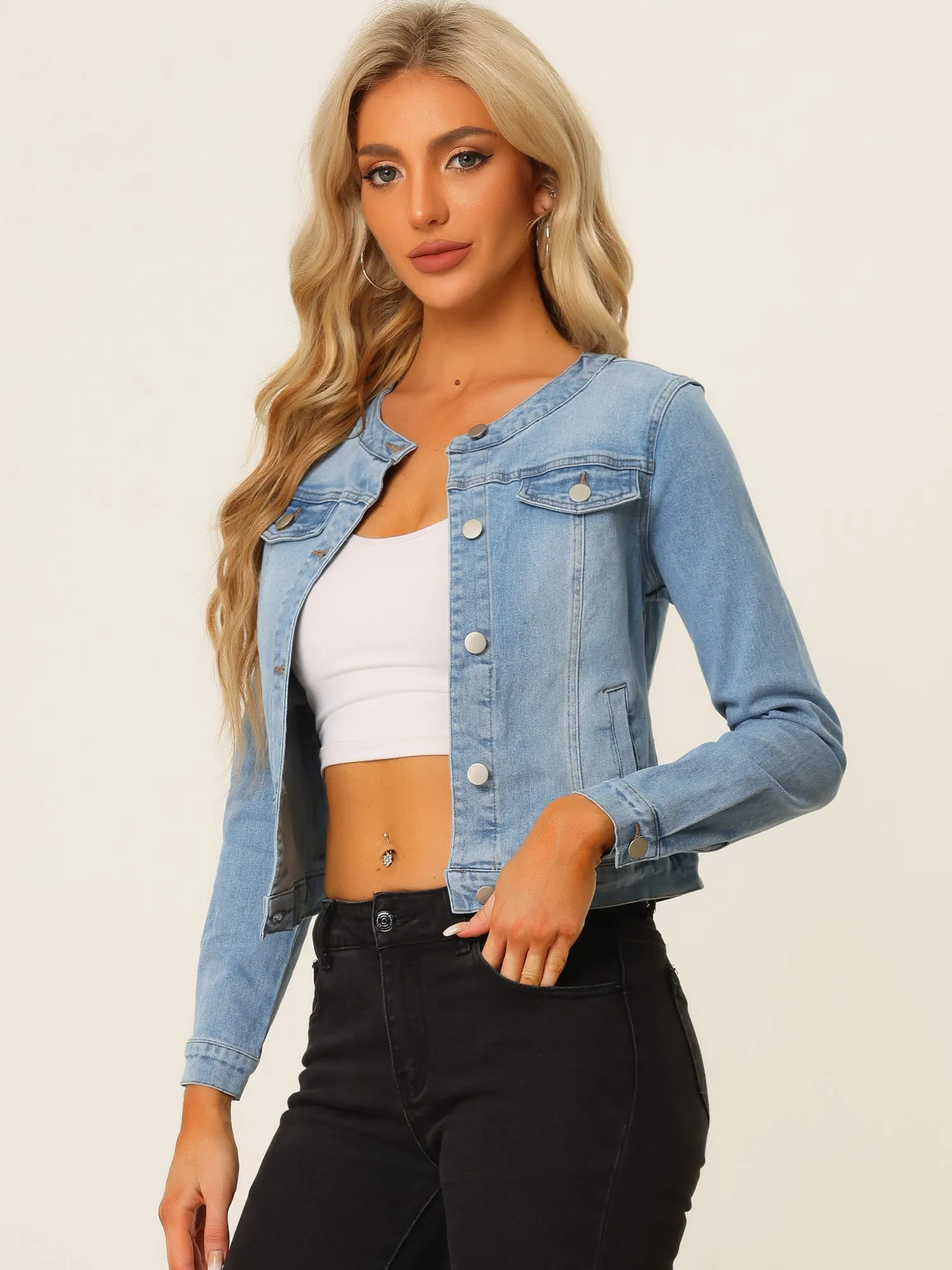 Casual Button Down Collarless Long Sleeve Denim Jacket