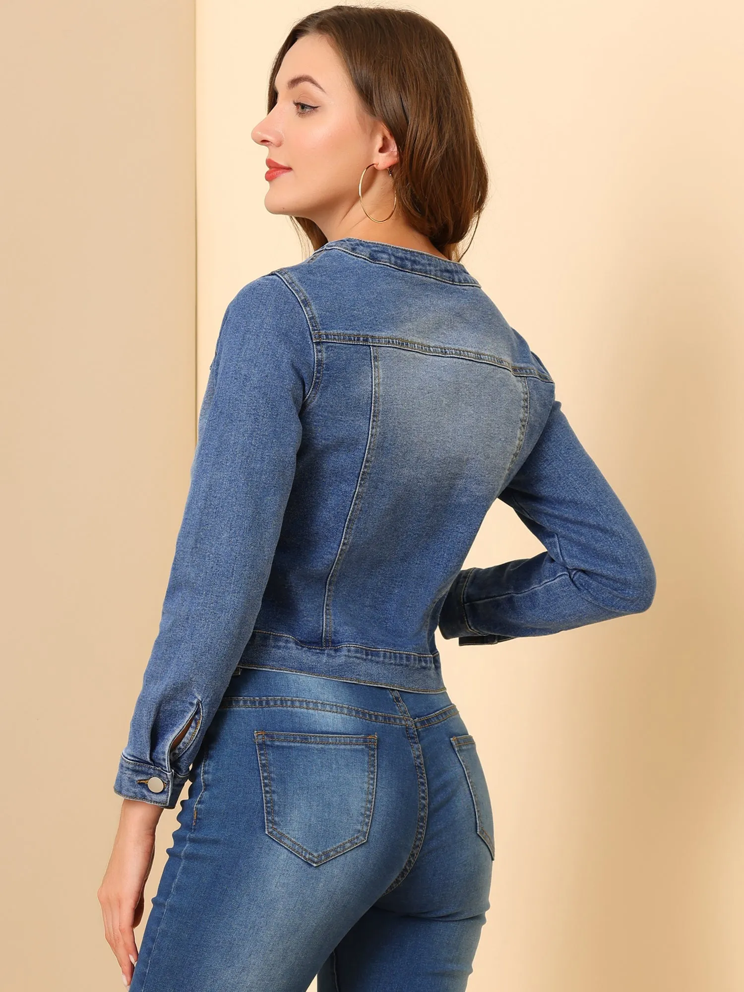 Casual Button Down Collarless Long Sleeve Denim Jacket