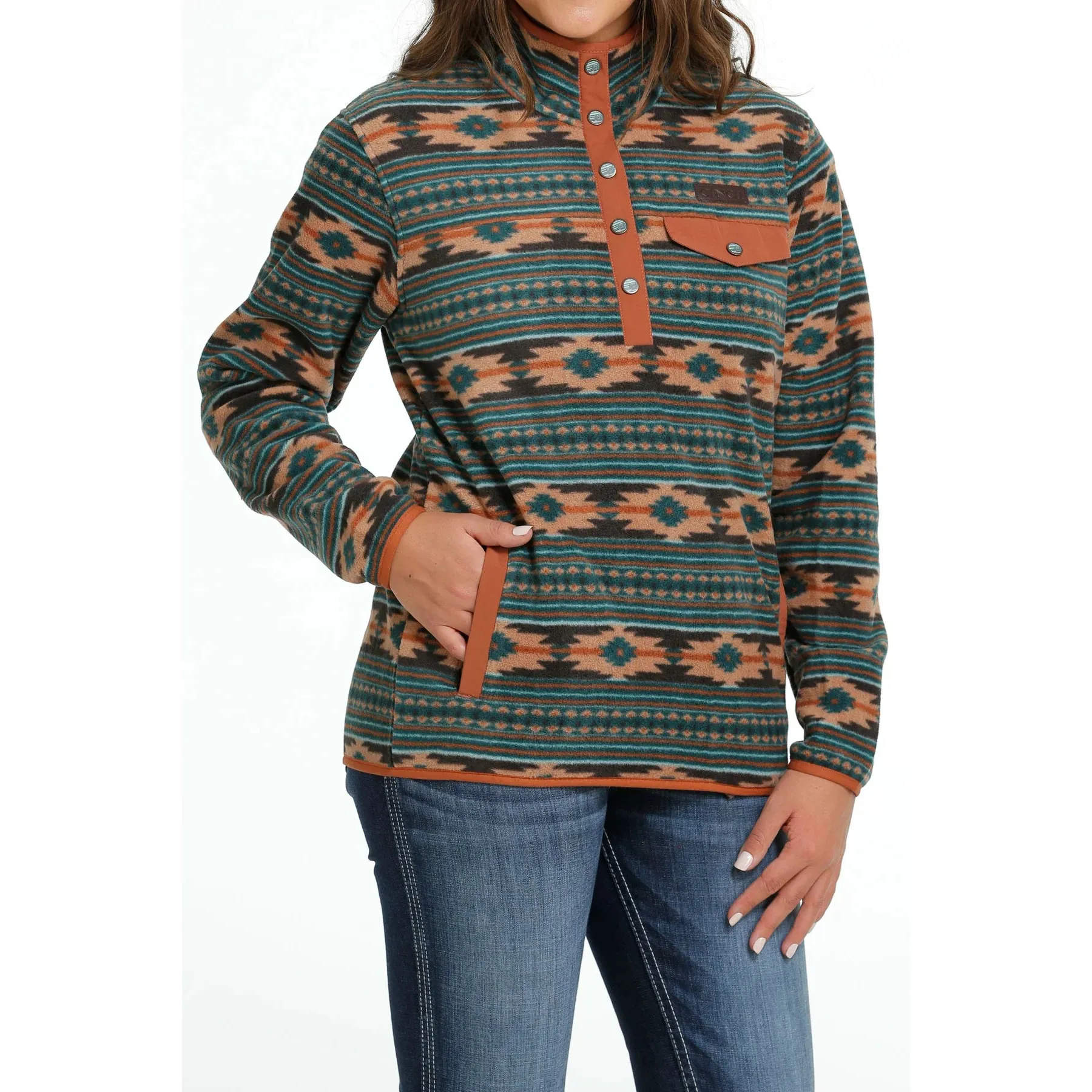 Cinch Ladies Green Aztec Print Polar Fleece Pullover