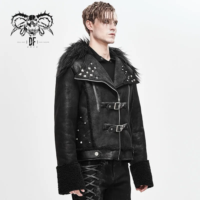 CT142 decadent punk warm spiked fur collar men wool short jacket with loops