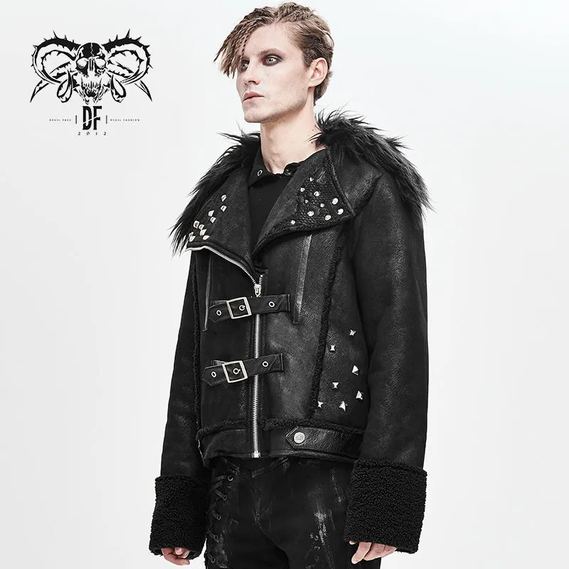 CT142 decadent punk warm spiked fur collar men wool short jacket with loops