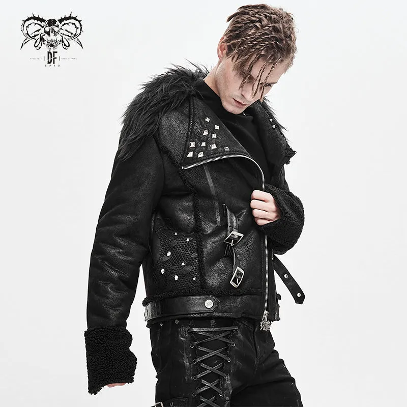 CT142 decadent punk warm spiked fur collar men wool short jacket with loops