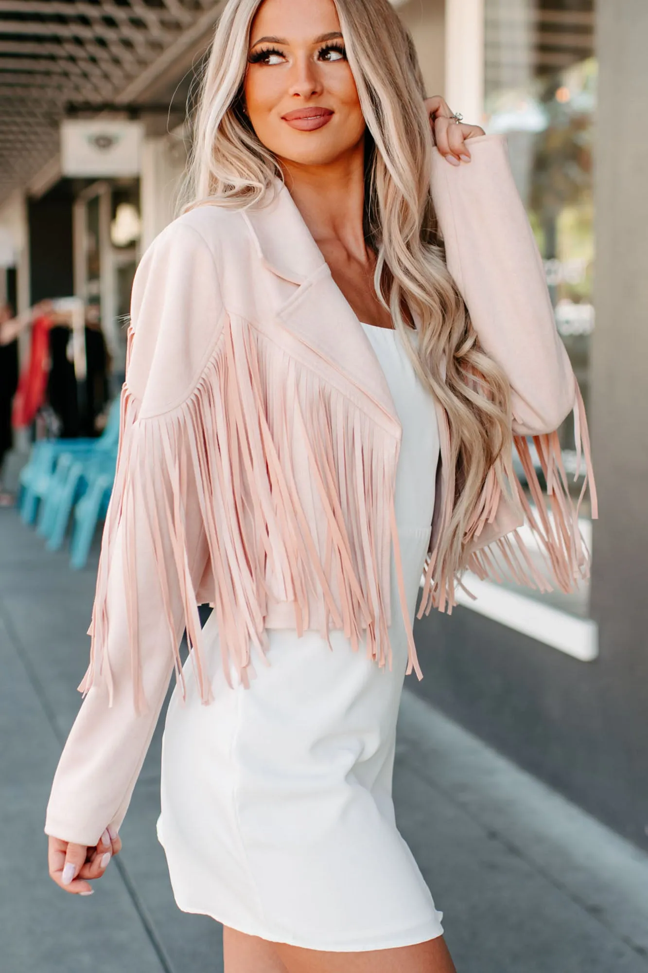 Daring Delight Faux Suede Fringe Jacket (Blush)