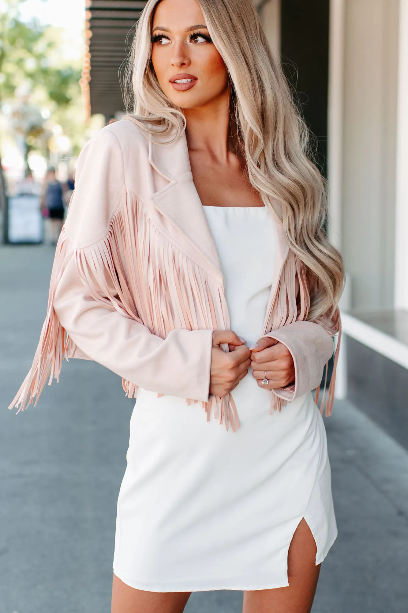 Daring Delight Faux Suede Fringe Jacket (Blush)