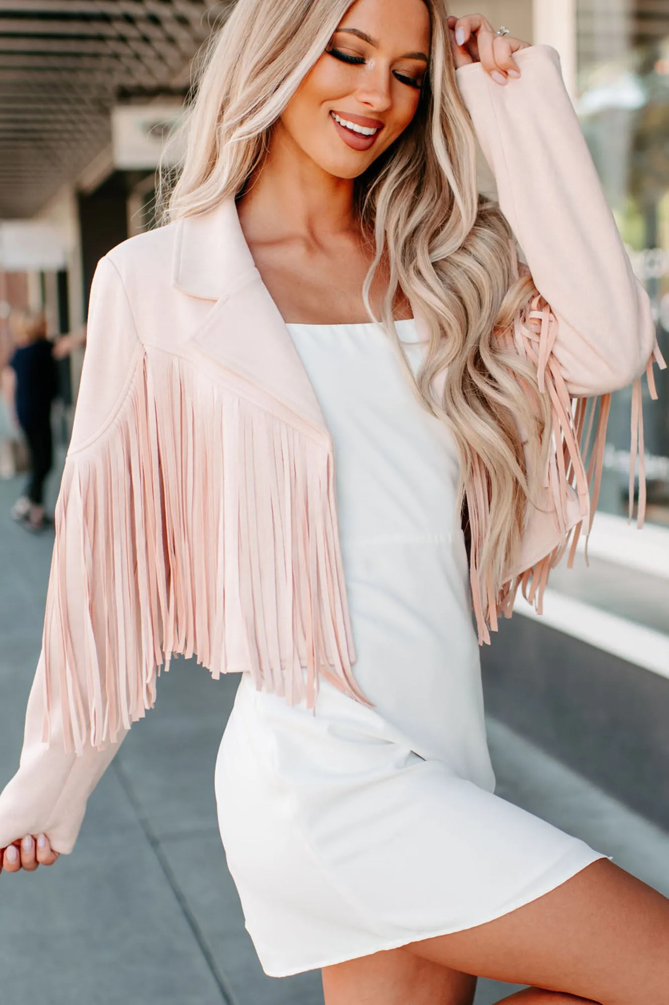 Daring Delight Faux Suede Fringe Jacket (Blush)