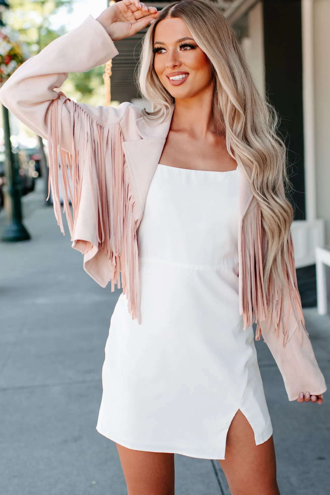 Daring Delight Faux Suede Fringe Jacket (Blush)